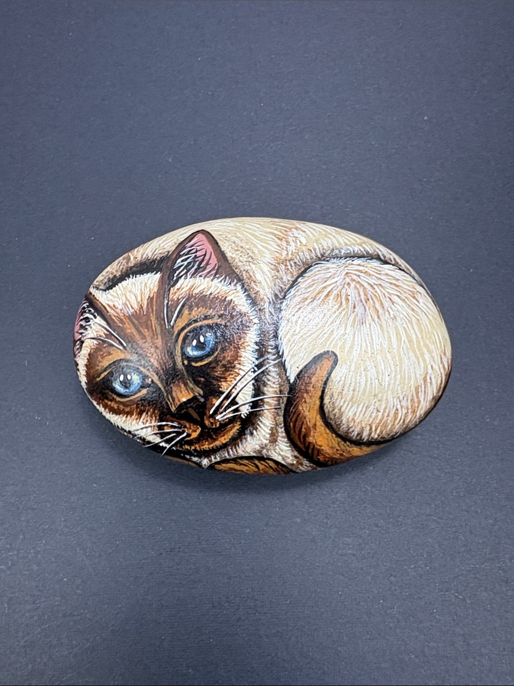 Siamese Cat Hand Painted Rock Signed “gss” Dated 2002